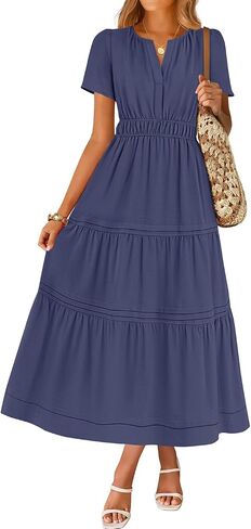 Zesica Women's Summer Dresses Midi Dresses 2025 Short Sleeve V الرقبة مرنة الخصر الأنيق بوهو فستان طويل مع جيب in Kuwait