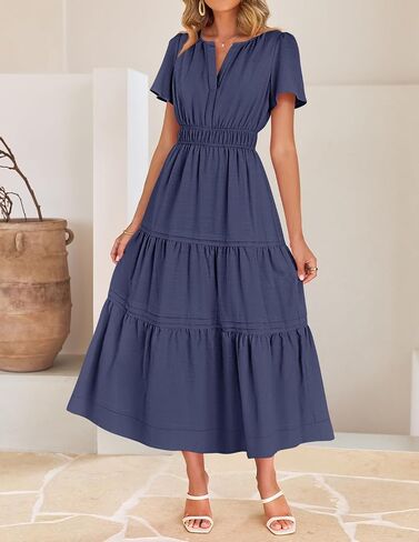 Zesica Women's Summer Dresses Midi Dresses 2025 Short Sleeve V الرقبة مرنة الخصر الأنيق بوهو فستان طويل مع جيب in Kuwait