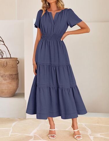 Zesica Women's Summer Dresses Midi Dresses 2025 Short Sleeve V الرقبة مرنة الخصر الأنيق بوهو فستان طويل مع جيب in Kuwait