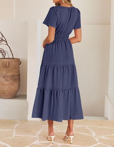 Zesica Women's Summer Dresses Midi Dresses 2025 Short Sleeve V الرقبة مرنة الخصر الأنيق بوهو فستان طويل مع جيب in Kuwait