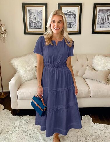 Zesica Women's Summer Dresses Midi Dresses 2025 Short Sleeve V الرقبة مرنة الخصر الأنيق بوهو فستان طويل مع جيب in Kuwait