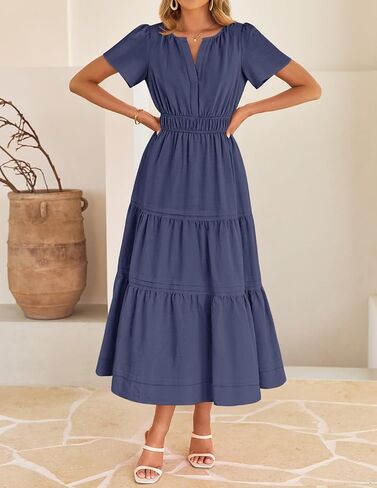 Zesica Women's Summer Dresses Midi Dresses 2025 Short Sleeve V الرقبة مرنة الخصر الأنيق بوهو فستان طويل مع جيب in Kuwait