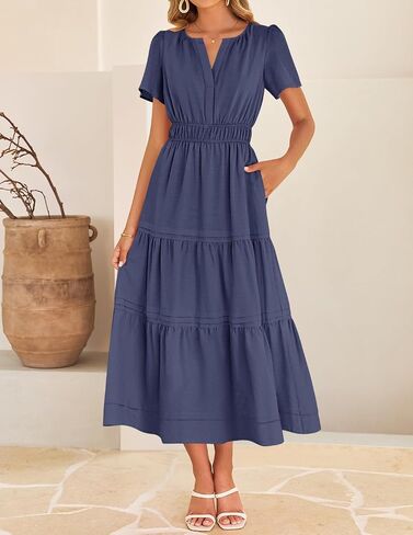 Zesica Women's Summer Dresses Midi Dresses 2025 Short Sleeve V الرقبة مرنة الخصر الأنيق بوهو فستان طويل مع جيب in Kuwait
