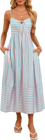 FashionMe Womens Summer Maxi Dresses 2025 عصرية مخططة العطلة بوهو الشاطئ السباغيتي حزام Sundress التعادل مع جيوب in Kuwait