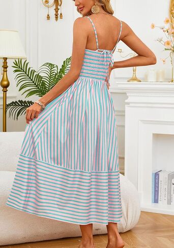 FashionMe Womens Summer Maxi Dresses 2025 عصرية مخططة العطلة بوهو الشاطئ السباغيتي حزام Sundress التعادل مع جيوب in Kuwait