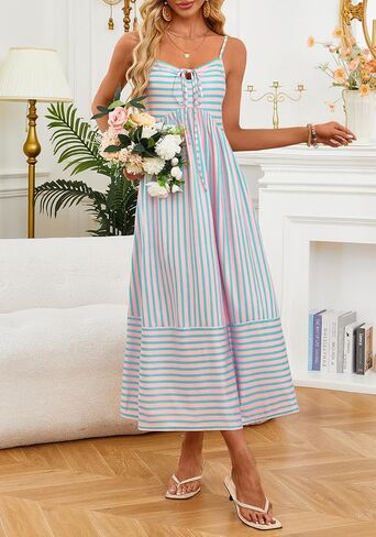 FashionMe Womens Summer Maxi Dresses 2025 عصرية مخططة العطلة بوهو الشاطئ السباغيتي حزام Sundress التعادل مع جيوب in Kuwait