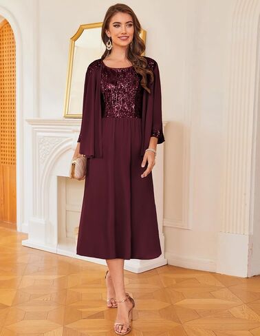 GRACE KARIN Wedding Guest Dress Mother of The Bride Dresses Two Piece Formal Sequin Dress with Jacket Tea Length 2025 in Kuwait