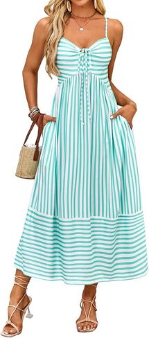 Fashionme Womens Summer Maxi Dresses 2025 Trendy Striped Vacation Boho Beach Spaghetti Strap Sundress Back Tie with Pockets in Kuwait