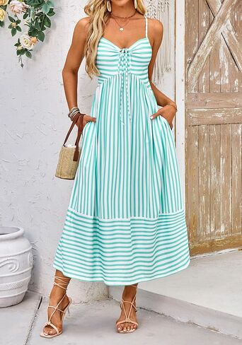Fashionme Womens Summer Maxi Dresses 2025 Trendy Striped Vacation Boho Beach Spaghetti Strap Sundress Back Tie with Pockets in Kuwait