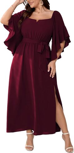 SCOMCHIC Women Plus Size Wedding Guest Maxi Dress Square Neck Ruffle 3/4 Sleeve Belted Slit A Line Formal Long Dresses in Kuwait