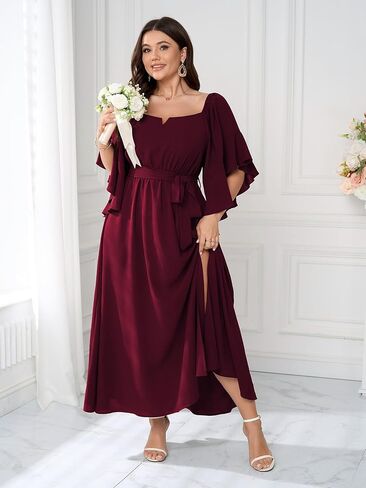 SCOMCHIC Women Plus Size Wedding Guest Maxi Dress Square Neck Ruffle 3/4 Sleeve Belted Slit A Line Formal Long Dresses in Kuwait
