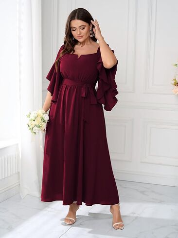 SCOMCHIC Women Plus Size Wedding Guest Maxi Dress Square Neck Ruffle 3/4 Sleeve Belted Slit A Line Formal Long Dresses in Kuwait