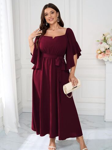 SCOMCHIC Women Plus Size Wedding Guest Maxi Dress Square Neck Ruffle 3/4 Sleeve Belted Slit A Line Formal Long Dresses in Kuwait