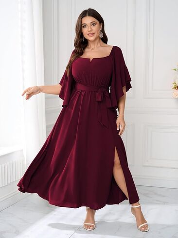 SCOMCHIC Women Plus Size Wedding Guest Maxi Dress Square Neck Ruffle 3/4 Sleeve Belted Slit A Line Formal Long Dresses in Kuwait