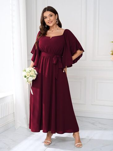 SCOMCHIC Women Plus Size Wedding Guest Maxi Dress Square Neck Ruffle 3/4 Sleeve Belted Slit A Line Formal Long Dresses in Kuwait