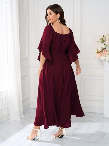 SCOMCHIC Women Plus Size Wedding Guest Maxi Dress Square Neck Ruffle 3/4 Sleeve Belted Slit A Line Formal Long Dresses in Kuwait