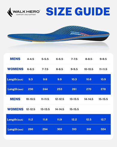 WalkHero Work Orthotic Inserts, Plantar Fasciitis Insoles for Men & Women, Arch Support Inserts for Heel Pain Relief, Boot Insoles with Max Cushion,Standing All Day Mens 9-9.5 | Womens 11-11.5 in Saudi Arabia