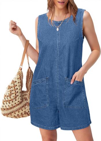 Glamaker Womens Summer Denim Romper - ملابس بذرة الدنيم بلا أكمام غير رسمية in Kuwait