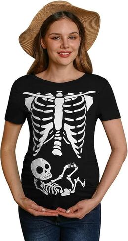 نساء هالوين الحمل غير الرسمي زي الأزياء الرسم القصيرة الأكمام قميص الأمومة الهيكل العظمي الأسود م in Kuwait