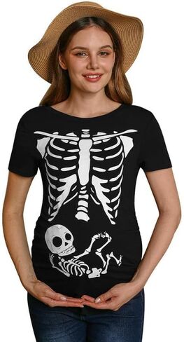 نساء هالوين الحمل غير الرسمي زي الأزياء الرسم القصيرة الأكمام قميص الأمومة الهيكل العظمي الأسود م in Kuwait