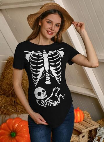 نساء هالوين الحمل غير الرسمي زي الأزياء الرسم القصيرة الأكمام قميص الأمومة الهيكل العظمي الأسود م in Kuwait