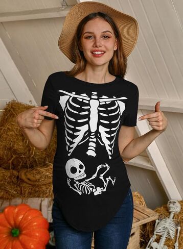 نساء هالوين الحمل غير الرسمي زي الأزياء الرسم القصيرة الأكمام قميص الأمومة الهيكل العظمي الأسود م in Kuwait