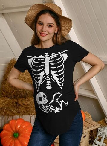 نساء هالوين الحمل غير الرسمي زي الأزياء الرسم القصيرة الأكمام قميص الأمومة الهيكل العظمي الأسود م in Kuwait