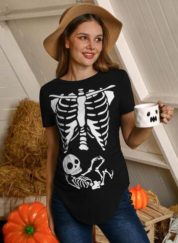 نساء هالوين الحمل غير الرسمي زي الأزياء الرسم القصيرة الأكمام قميص الأمومة الهيكل العظمي الأسود م in Kuwait