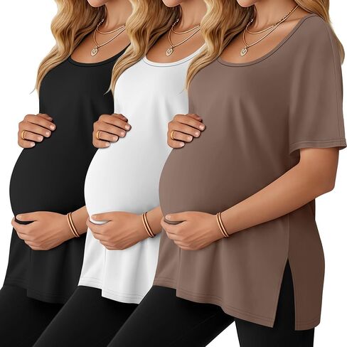 Riyiper 3 Pack Women's Maternity Shirts Dolman Sleeve 35% Cotton Side Split U Neck Pregnancy Tops Summer Casual Tunic Tees in Saudi Arabia