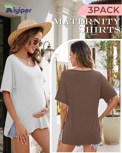 Riyiper 3 Pack Women's Maternity Shirts Dolman Sleeve 35% Cotton Side Split U Neck Pregnancy Tops Summer Casual Tunic Tees in Saudi Arabia