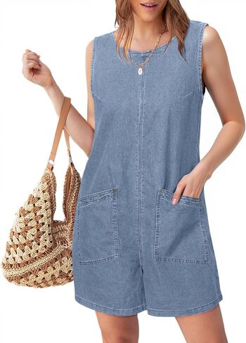 Glamaker Womens Summer Denim Romper - ملابس بذرة الدنيم بلا أكمام غير رسمية in Kuwait