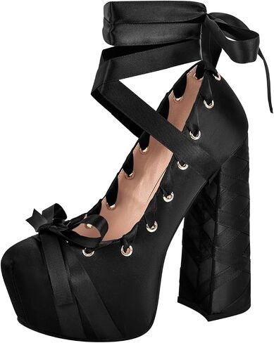 Platform Heels Chunky Bow Ribbon Pumps in Kuwait
