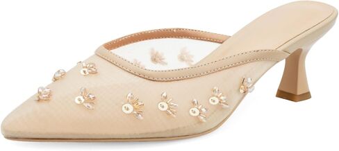 Women Kitten Heel Mules Crystal Flower Decor Mesh Pointed Toe Low Heel Casual Pumps in Saudi Arabia