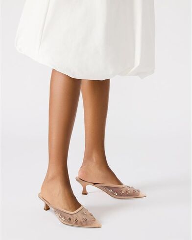 Women Kitten Heel Mules Crystal Flower Decor Mesh Pointed Toe Low Heel Casual Pumps in Saudi Arabia