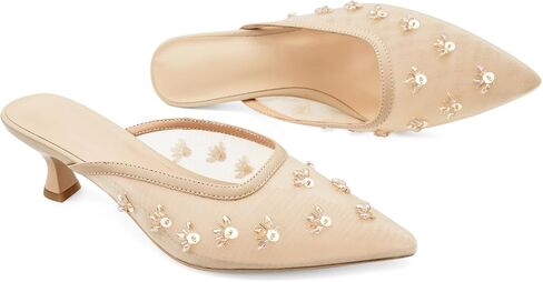 Women Kitten Heel Mules Crystal Flower Decor Mesh Pointed Toe Low Heel Casual Pumps in Saudi Arabia