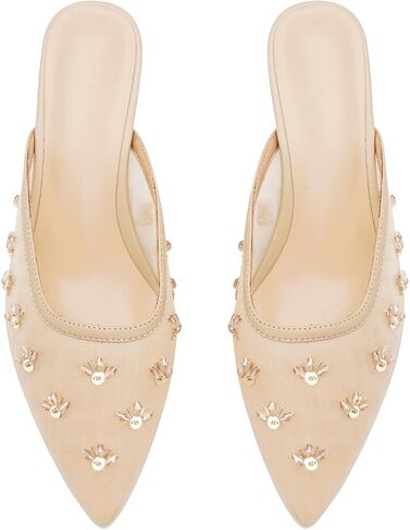 Women Kitten Heel Mules Crystal Flower Decor Mesh Pointed Toe Low Heel Casual Pumps in Saudi Arabia