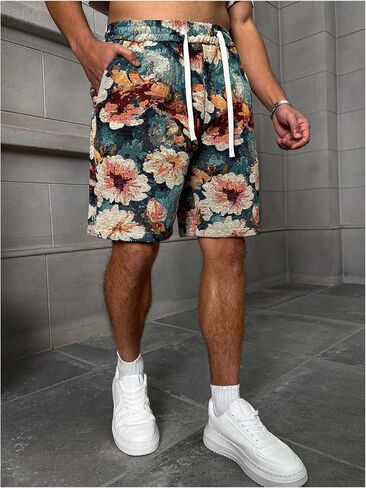 GORGLITTER Men's Floral Rave Shorts Drawstring Waist Summer Shorts with Pockets in Kuwait