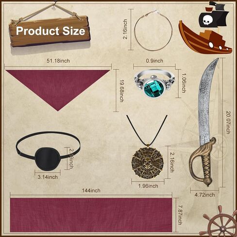7 PCS Pirate Costume Accessories Women Men ، Captain Pirate Accessories Set ، Halloween Party Cosplay in Kuwait