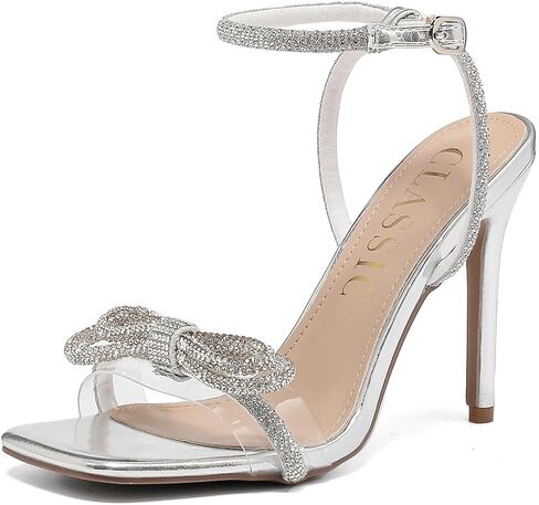 Women's Double Bowknots Heels Crystal Sandals, Silver Strappy High Heels for Women Open SquareToe Clear Heels Wedding Shoes Ankle Strap Crystal Rhinestonefor in Saudi Arabia