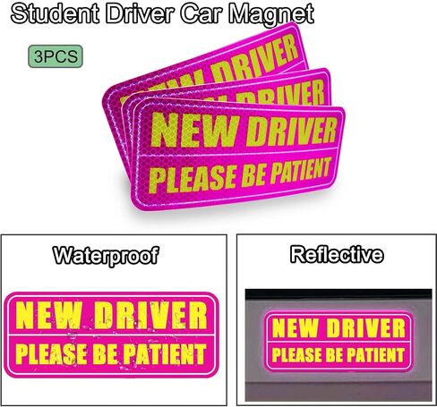 3 Pcs Student Driver Car Magnet, 10"x4" Please Be Patient Student Driver Teen Driver Magnet for Car, Pink Reflective & Waterproof Weather-Resistant in Kuwait