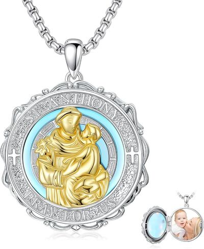 925 Sterling Silver Patron Saint Photo Locket Necklace – Religious Keepsake Pendant for Men Women Gift for Baptism in Saudi Arabia