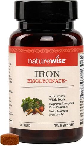 NatureWise Vegan Iron Supplement for Women & Men - Gentle on Stomach High Absorption - Coated Iron Bisglycinate Tablets + Vitamin C, Methyl B12, Folate & Organic Food Blend - 30 Tablets[30-Day Supply] in Saudi Arabia