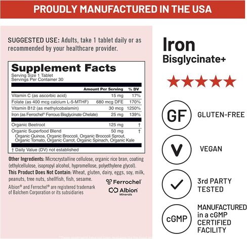 NatureWise Vegan Iron Supplement for Women & Men - Gentle on Stomach High Absorption - Coated Iron Bisglycinate Tablets + Vitamin C, Methyl B12, Folate & Organic Food Blend - 30 Tablets[30-Day Supply] in Saudi Arabia