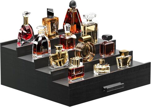 Cologne Organizer for Men,4 Tier of Elevated Cologne Display Stand with Drawer Storage,Wood Cologne Display,Perfume Organizer and Storage Display Risers,Great Gift for Men (Black) in Kuwait