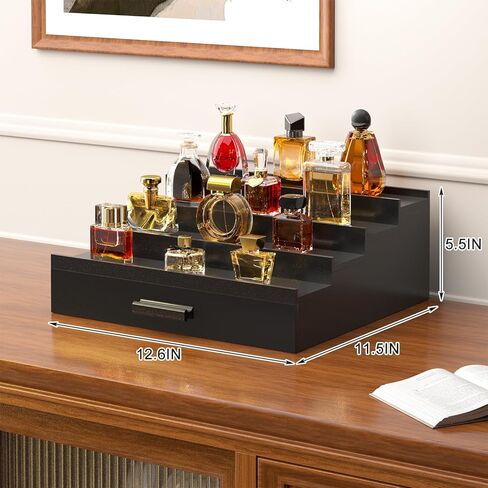 Cologne Organizer for Men,4 Tier of Elevated Cologne Display Stand with Drawer Storage,Wood Cologne Display,Perfume Organizer and Storage Display Risers,Great Gift for Men (Black) in Kuwait