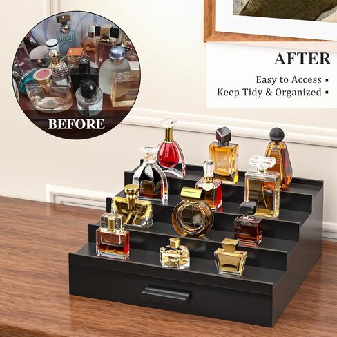 Cologne Organizer for Men,4 Tier of Elevated Cologne Display Stand with Drawer Storage,Wood Cologne Display,Perfume Organizer and Storage Display Risers,Great Gift for Men (Black) in Kuwait