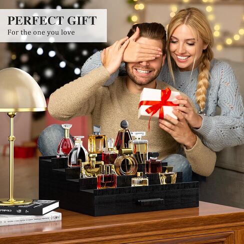 Cologne Organizer for Men,4 Tier of Elevated Cologne Display Stand with Drawer Storage,Wood Cologne Display,Perfume Organizer and Storage Display Risers,Great Gift for Men (Black) in Kuwait