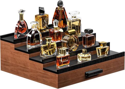 Cologne Organizer for Men,4 Tier of Elevated Cologne Display Stand with Drawer Storage,Wood Cologne Display,Perfume Organizer and Storage Display Risers,Great Gift for Men (Black) in Saudi Arabia