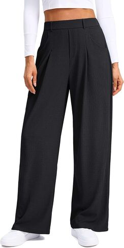 SANTINY Wide Leg Pants Woman Elastic High Waisted Waffle Knit Slacks Business Casual Work Pants Pleated Trousers with Pockets in Saudi Arabia