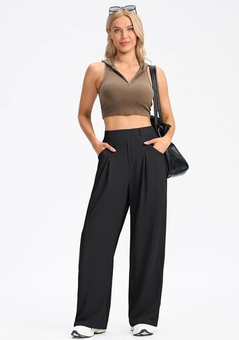 SANTINY Wide Leg Pants Woman Elastic High Waisted Waffle Knit Slacks Business Casual Work Pants Pleated Trousers with Pockets in Saudi Arabia